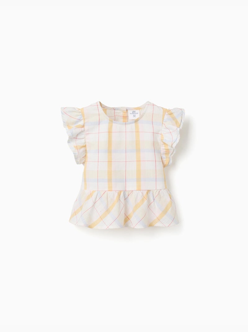 Blusa de algodón a cuadros con volantes B&S Blanco - Kiabi