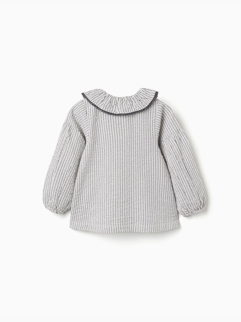 Blusa de algodón a rayas con volantes B&S Blanco - Kiabi
