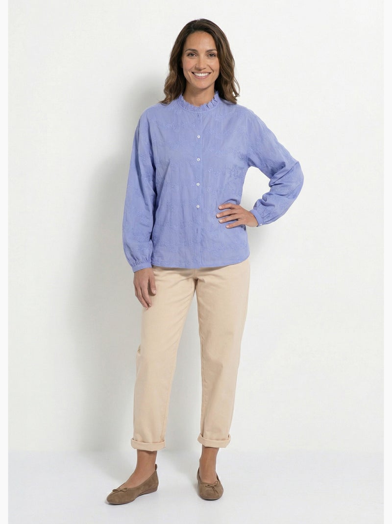 Blusa de algodón bordada con botones y cuello con volantes - AFIBEL Azul - Kiabi