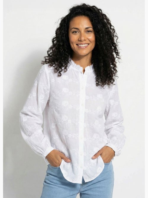 Blusa de algodón bordada con botones y cuello con volantes - AFIBEL - Kiabi Blusa de algodón bordada con botones y cuello con volantes - AFIBEL - Kiabi