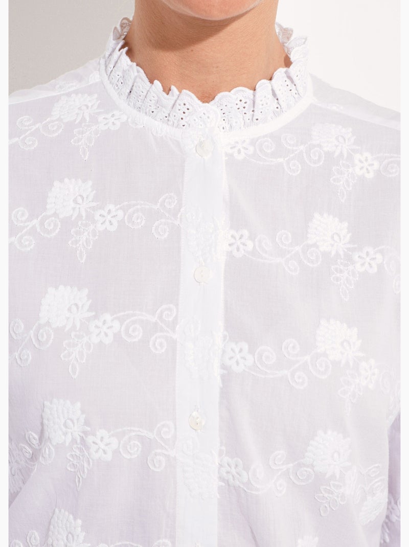 Blusa de algodón bordada con botones y cuello con volantes - AFIBEL Blanco - Kiabi