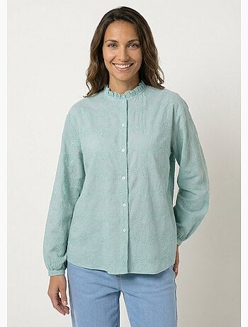 Blusa de algodón bordada con botones y cuello con volantes - AFIBEL