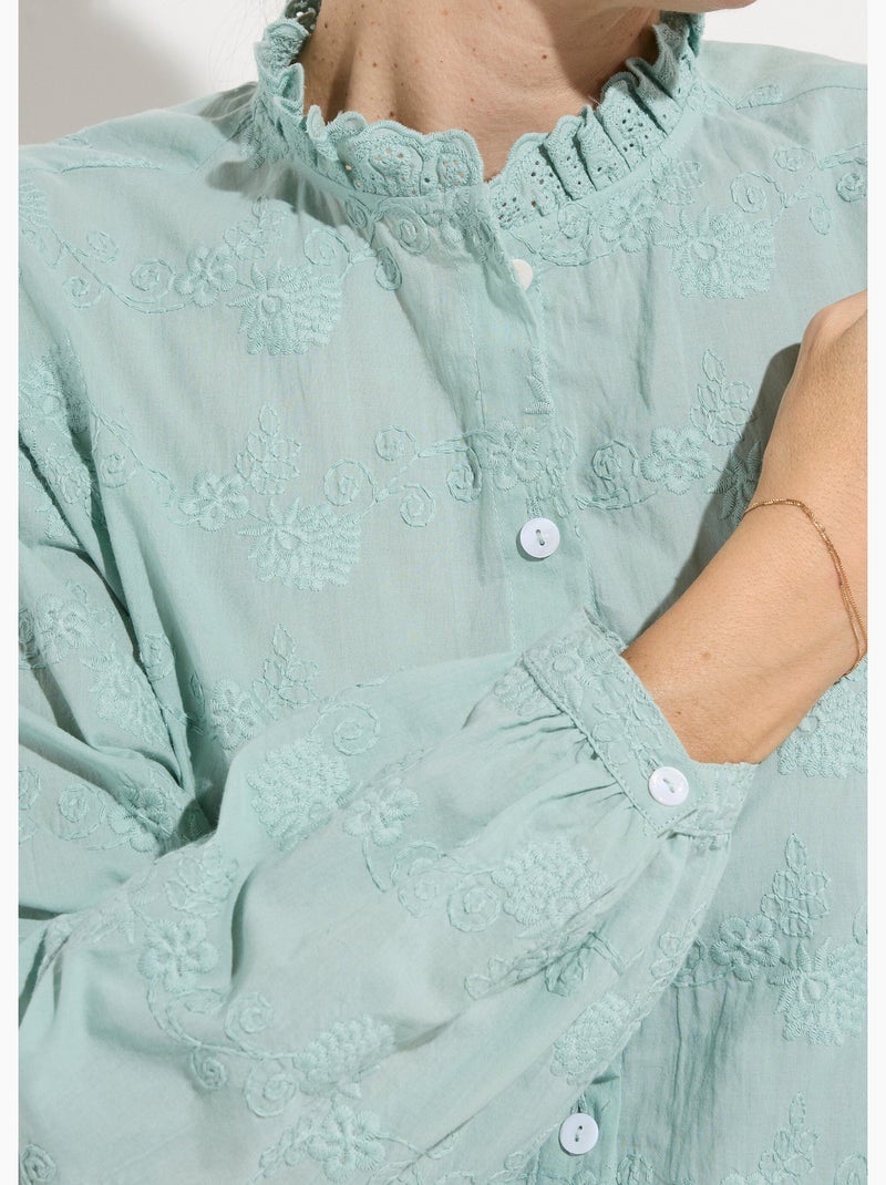 Blusa de algodón bordada con botones y cuello con volantes - AFIBEL Verde - Kiabi