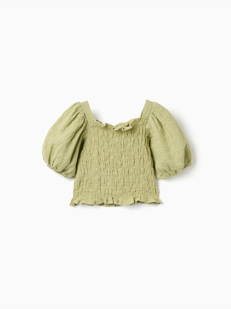 Blusa de algodón con bordado inglés y mangas abullonadas Verde claro - Kiabi
