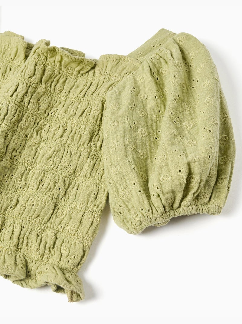 Blusa de algodón con bordado inglés y mangas abullonadas Verde claro - Kiabi