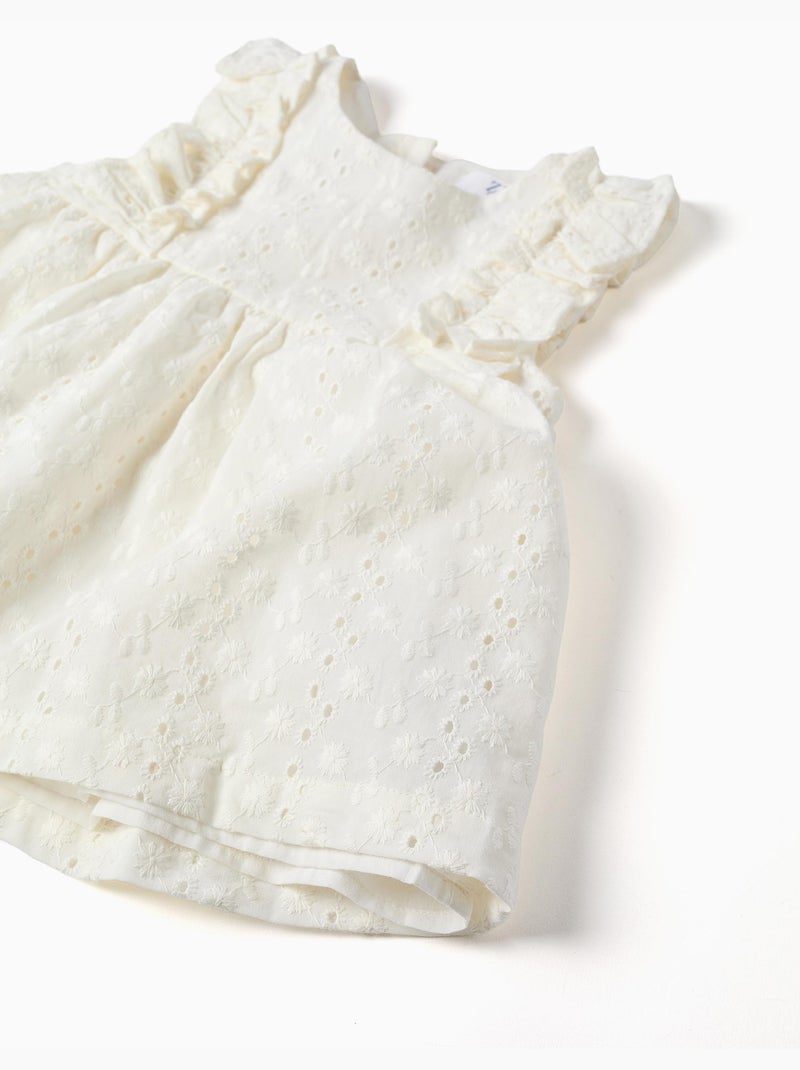 Blusa de algodón con bordado inglés y volantes Blanco - Kiabi