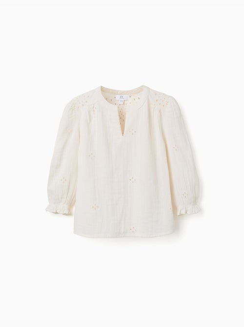 Blusa de algodón con bordado inglés y volantes - Kiabi