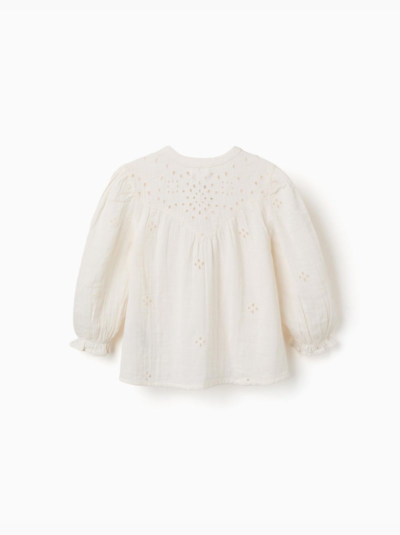 Blusa de algodón con bordado inglés y volantes Blanco - Kiabi