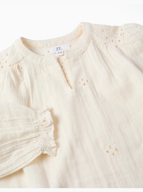 Blusa de algodón con bordado inglés y volantes - Kiabi