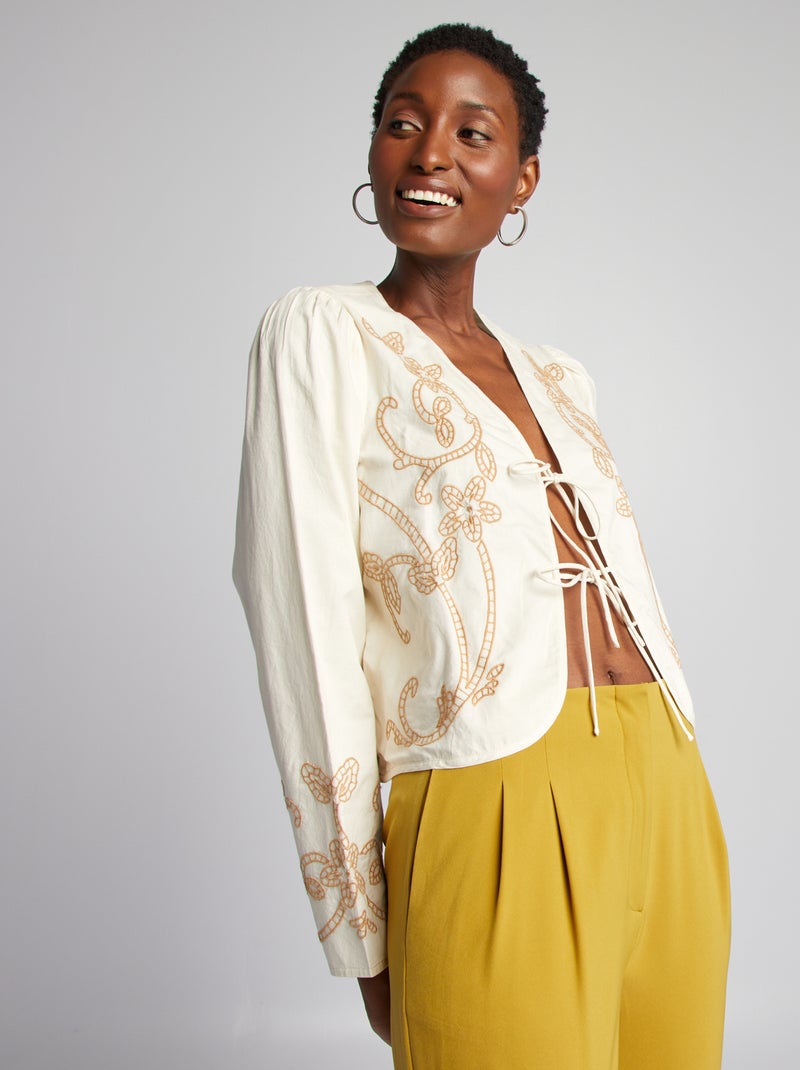 Blusa de algodón con bordados BEIGE - Kiabi