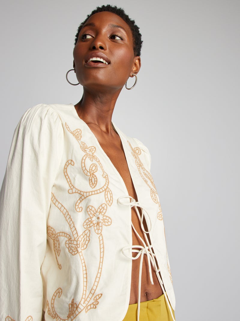Blusa de algodón con bordados BEIGE - Kiabi
