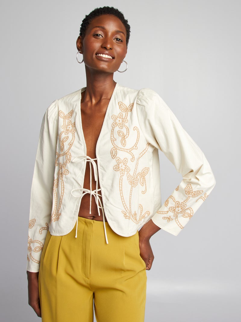Blusa de algodón con bordados BEIGE - Kiabi