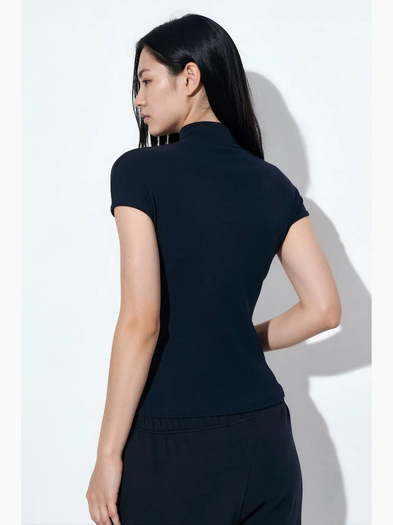 Blusa de algodón con cuello alto medio entallada busem Azul marino - Kiabi