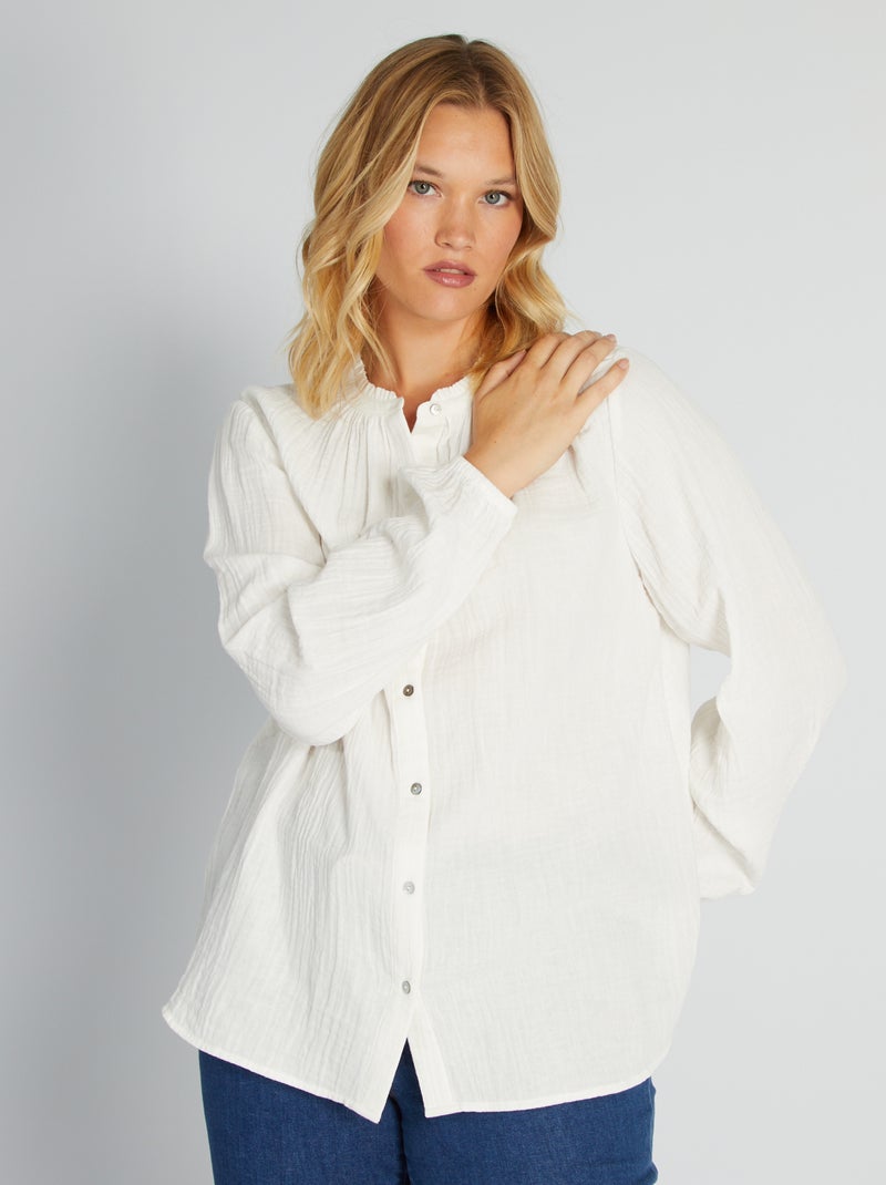 Blusa de algodón con cuello con volantes Blanco - Kiabi