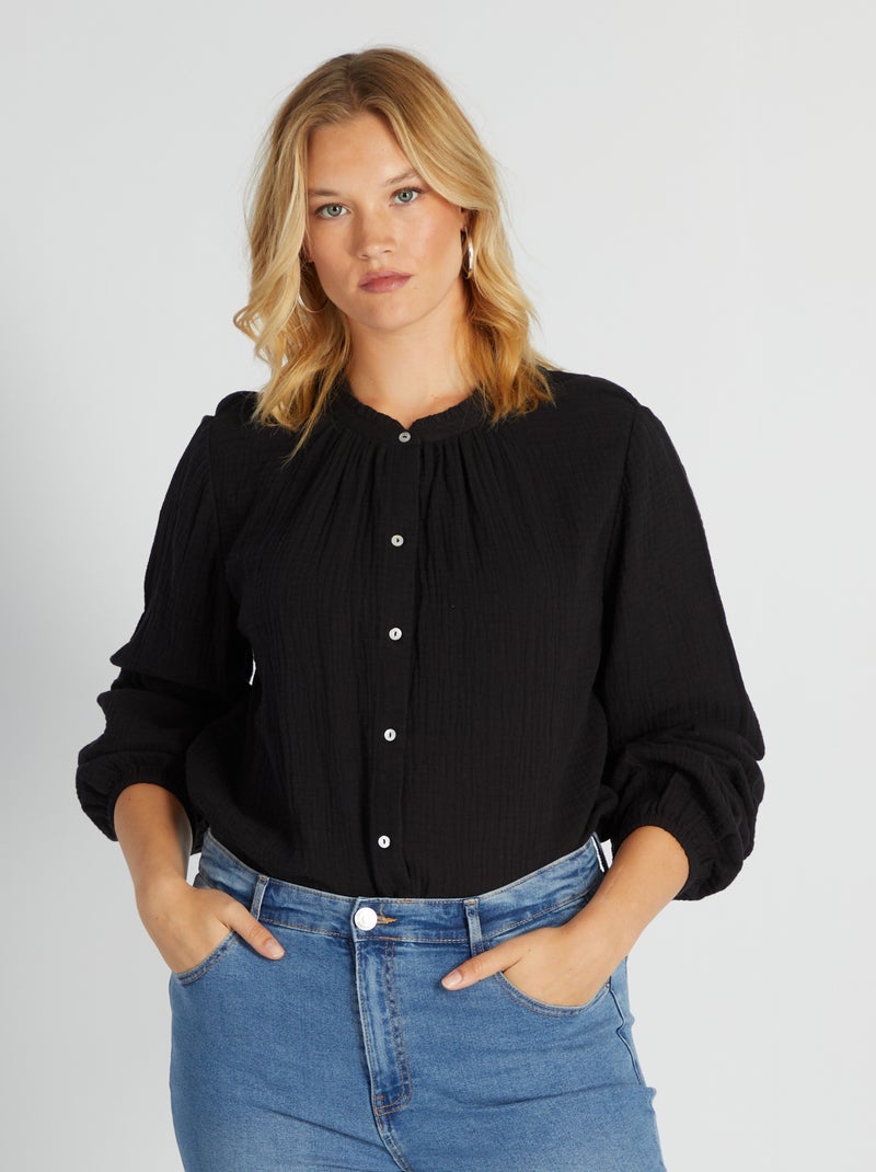 Blusa de algodón con cuello con volantes Negro - Kiabi