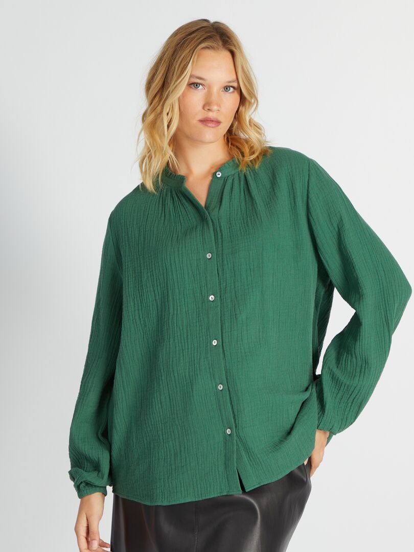 Blusa de algodón con cuello con volantes Verde - Kiabi