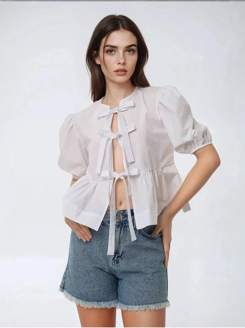Blusa de algodón con cuello redondo y detalle de lazo hiccup - Kiabi