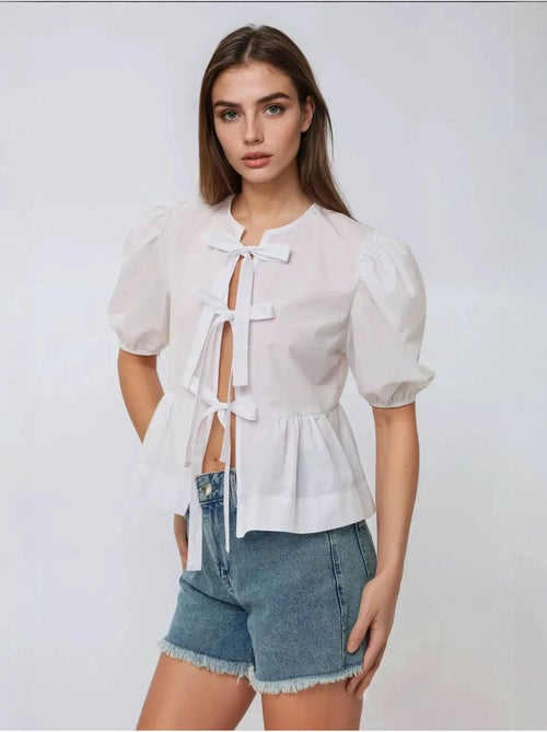 Blusa de algodón con cuello redondo y detalle de lazo hiccup - Kiabi