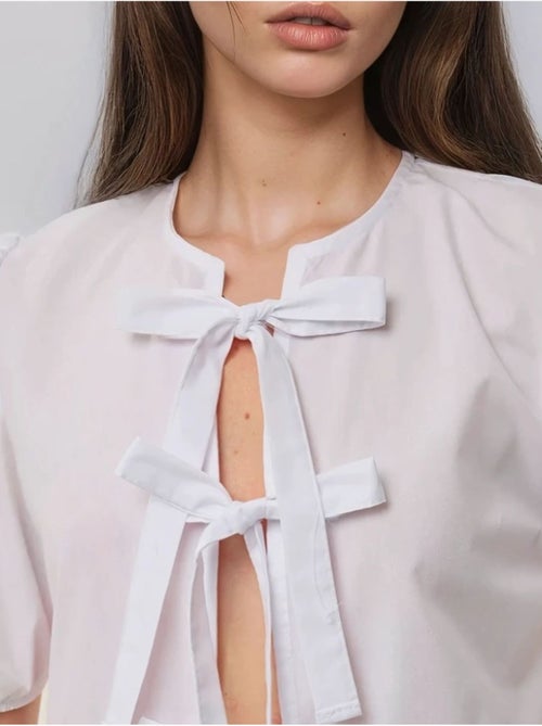 Blusa de algodón con cuello redondo y detalle de lazo hiccup - Kiabi