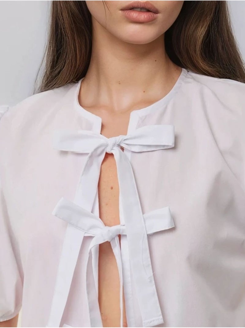 Blusa de algodón con cuello redondo y detalle de lazo hiccup Blanco - Kiabi