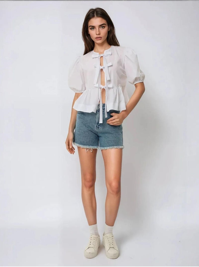 Blusa de algodón con cuello redondo y detalle de lazo hiccup Blanco - Kiabi
