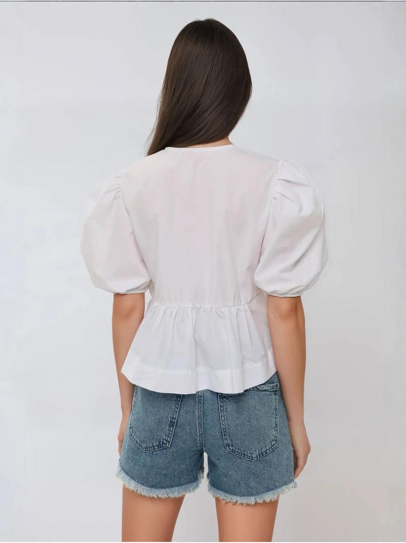 Blusa de algodón con cuello redondo y detalle de lazo hiccup Blanco - Kiabi