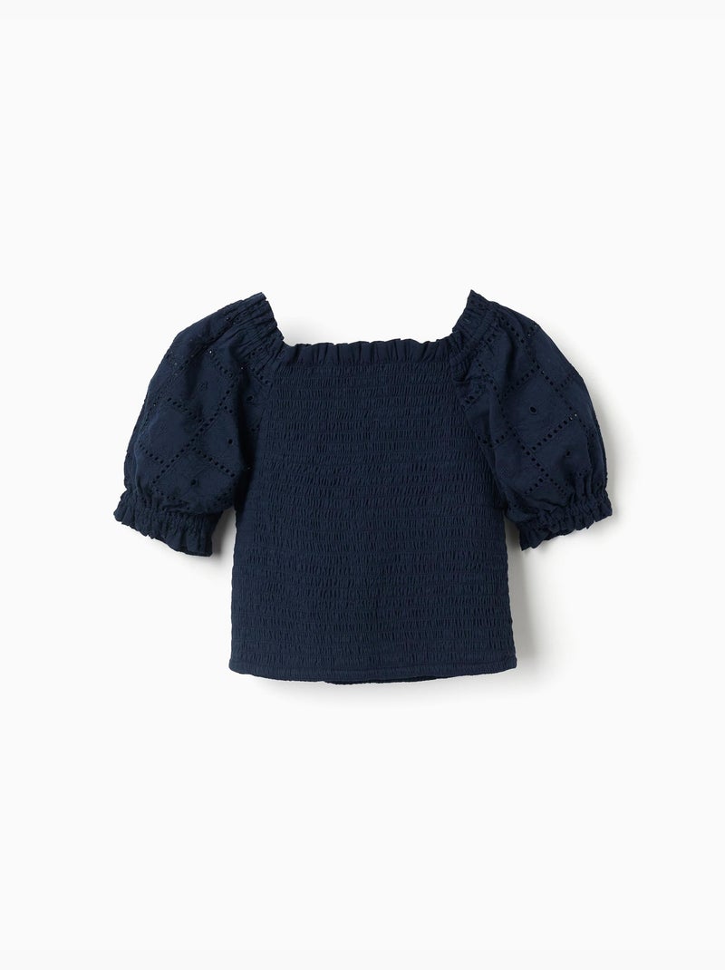 Blusa de algodón con elástico y volantes Azul oscuro - Kiabi