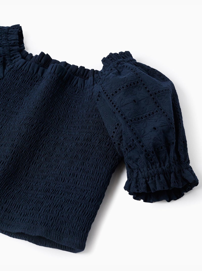 Blusa de algodón con elástico y volantes Azul oscuro - Kiabi
