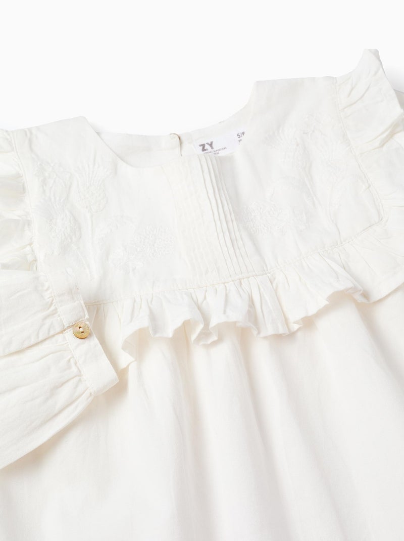Blusa de algodón con volantes y bordados Blanco - Kiabi