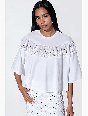Blusa de algodón de corte relajado con cuello redondo busem