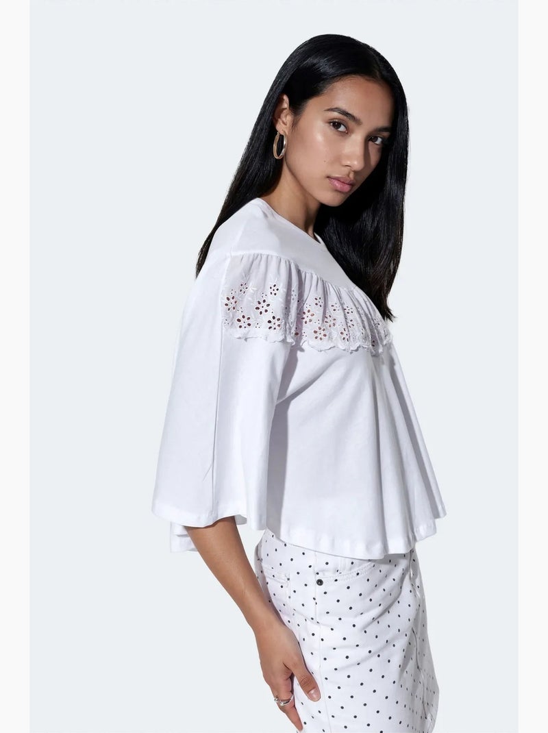 Blusa de algodón de corte relajado con cuello redondo busem Blanco - Kiabi
