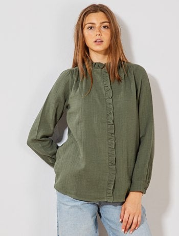 Blusa de algodón puro con volantes - Kiabi