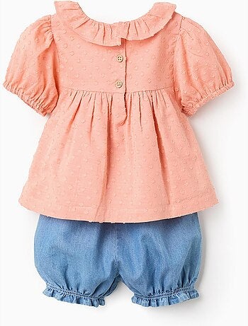 Blusa de algodón + shorts vaqueros con volantes