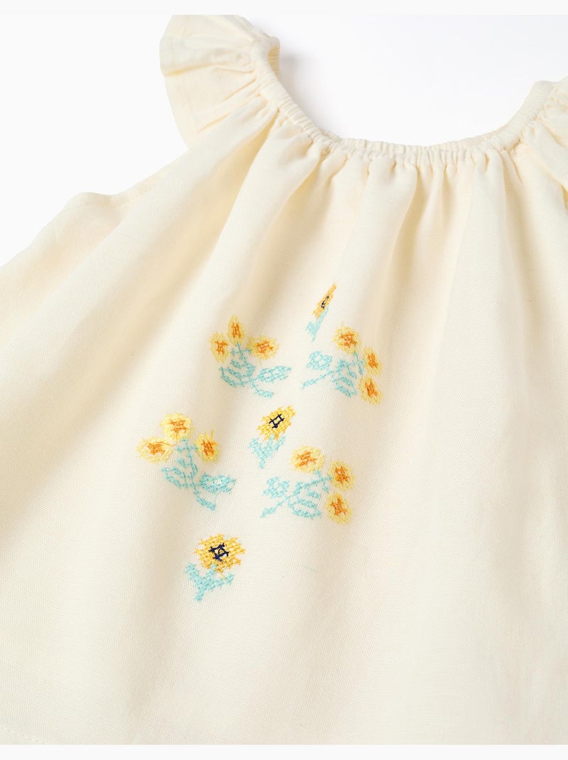 Blusa de algodón y lino con flores Beige claro - Kiabi