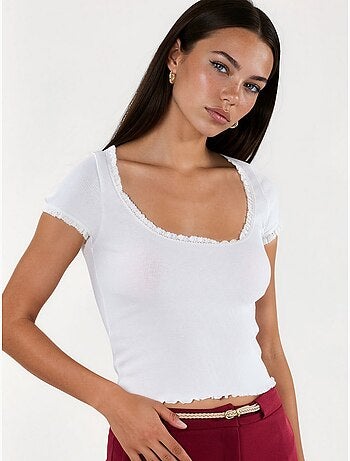 Blusa de canalé con escote en u de corte slim busem