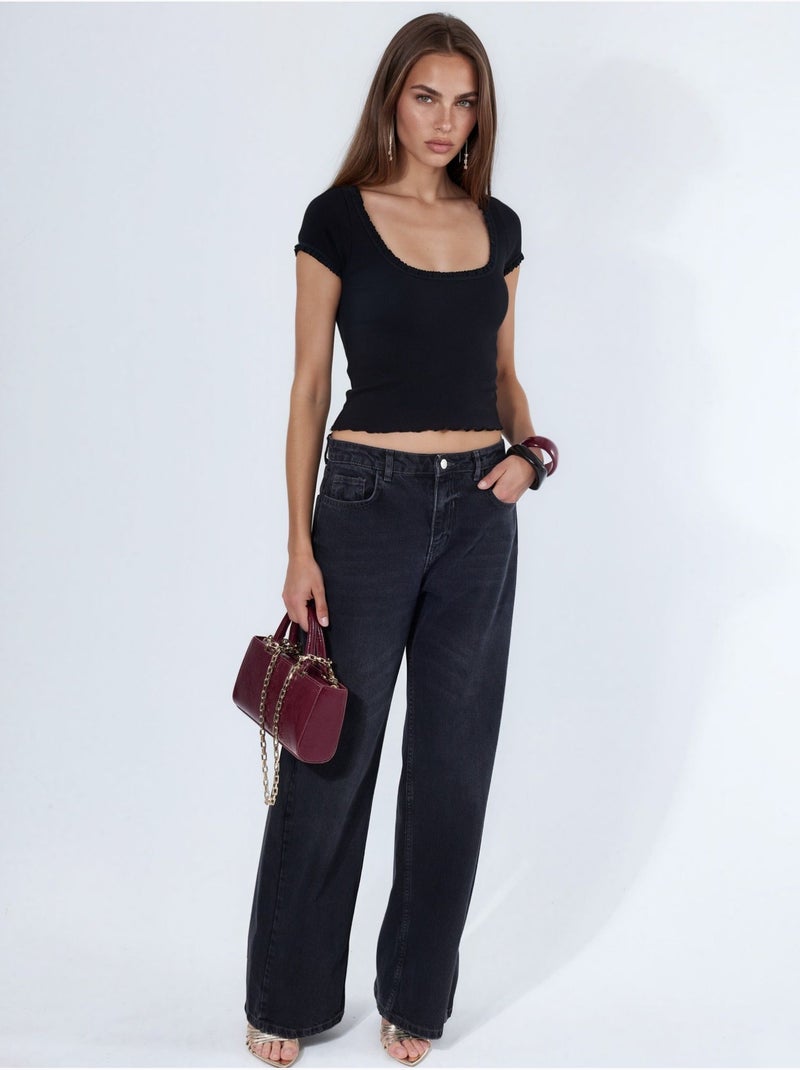 Blusa de canalé con escote en u de corte slim busem Negro - Kiabi