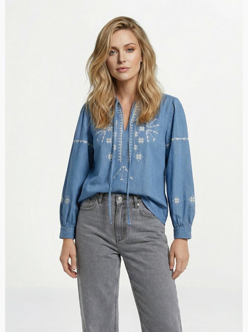Blusa de chambray con bordado en punto de cruz - afibel - Kiabi