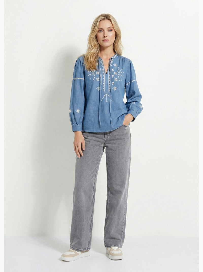 Blusa de chambray con bordado en punto de cruz - afibel Azul - Kiabi