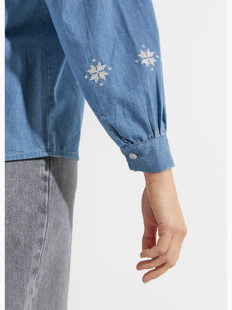 Blusa de chambray con bordado en punto de cruz - afibel Azul - Kiabi