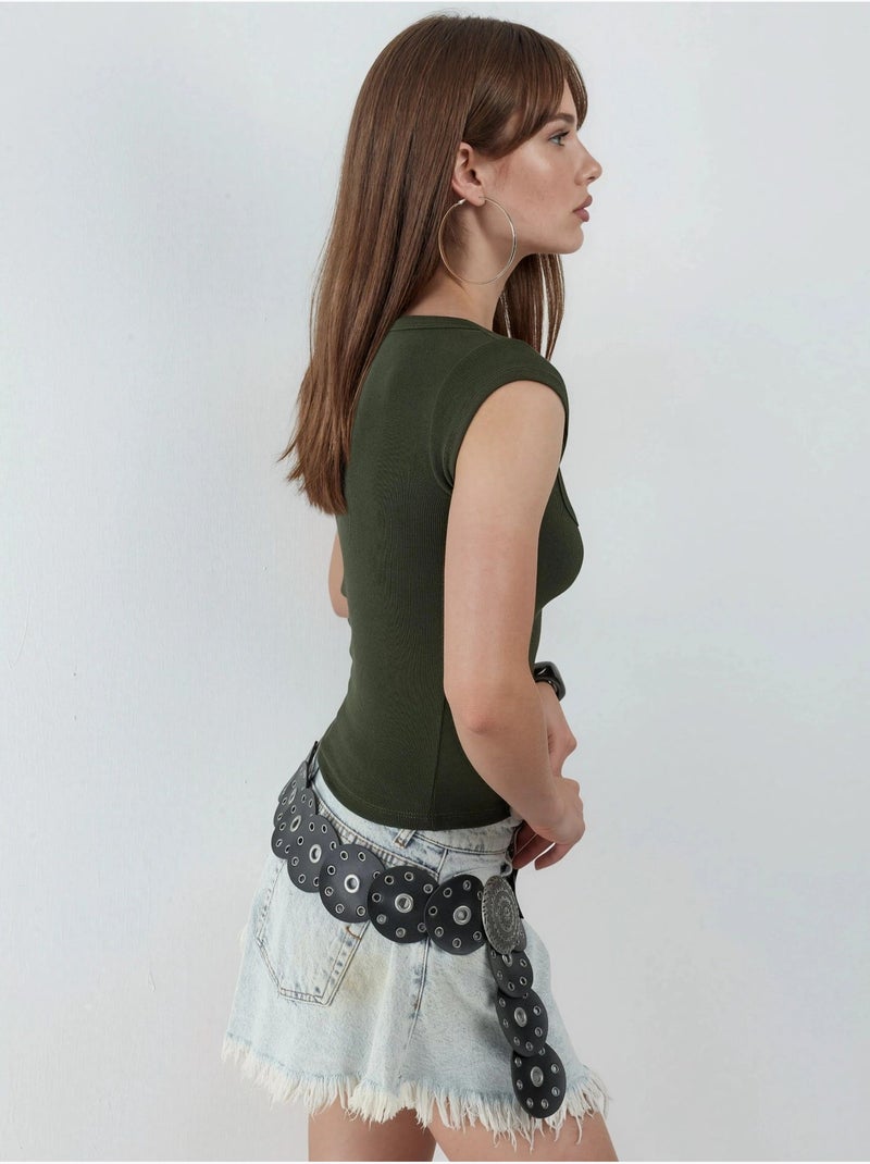 Blusa de corte ajustado acanalada con cuello en u busem Caqui - Kiabi