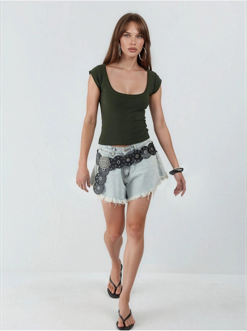Blusa de corte ajustado acanalada con cuello en u busem Caqui - Kiabi