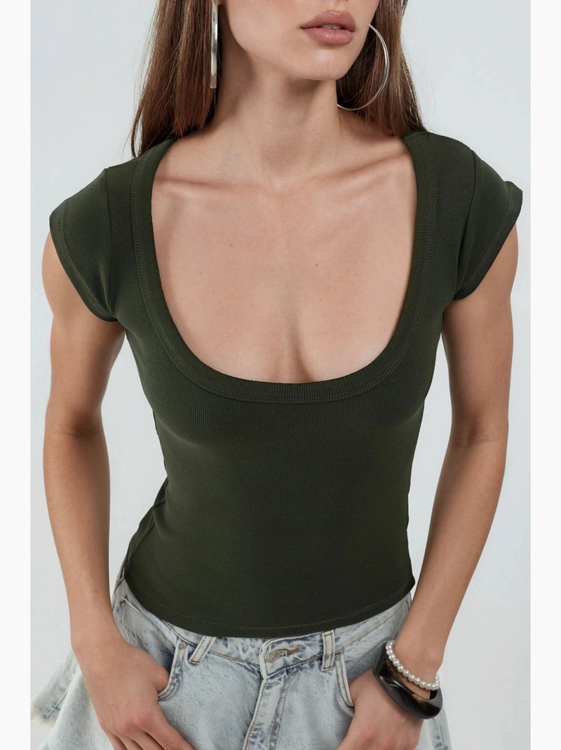 Blusa de corte ajustado acanalada con cuello en u busem Caqui - Kiabi