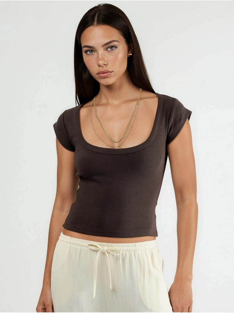 Blusa de corte ajustado acanalada con cuello en u busem Marrón chocolate - Kiabi