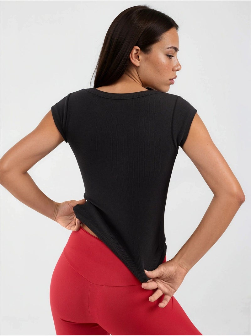 Blusa de corte ajustado acanalada con cuello en u busem Negro - Kiabi