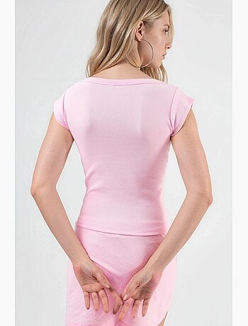 Blusa de corte ajustado acanalada con cuello en u busem