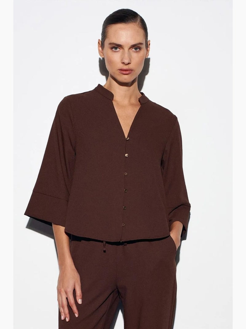 Blusa de crepé cuello mao dilvin Marrón chocolate - Kiabi