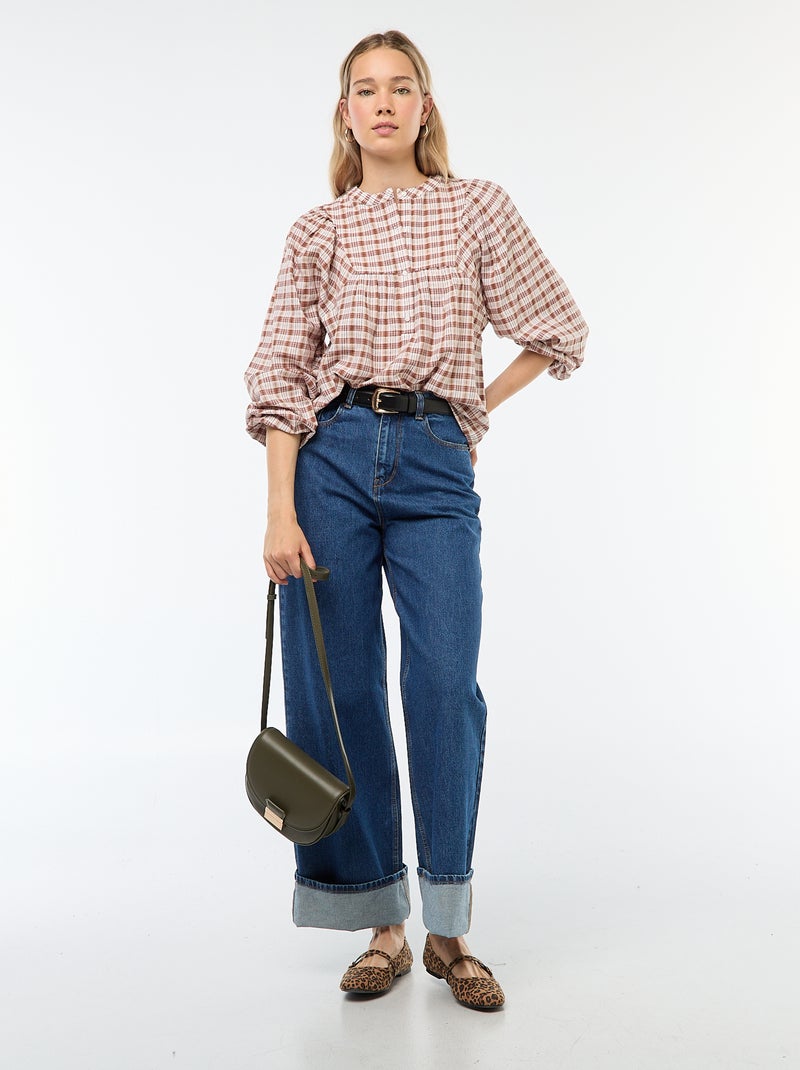 Blusa de cuadros con abertura abotonada en el cuello Beige - Kiabi