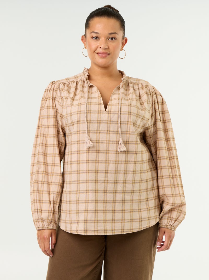 Blusa de cuadros con escote anudado Beige - Kiabi