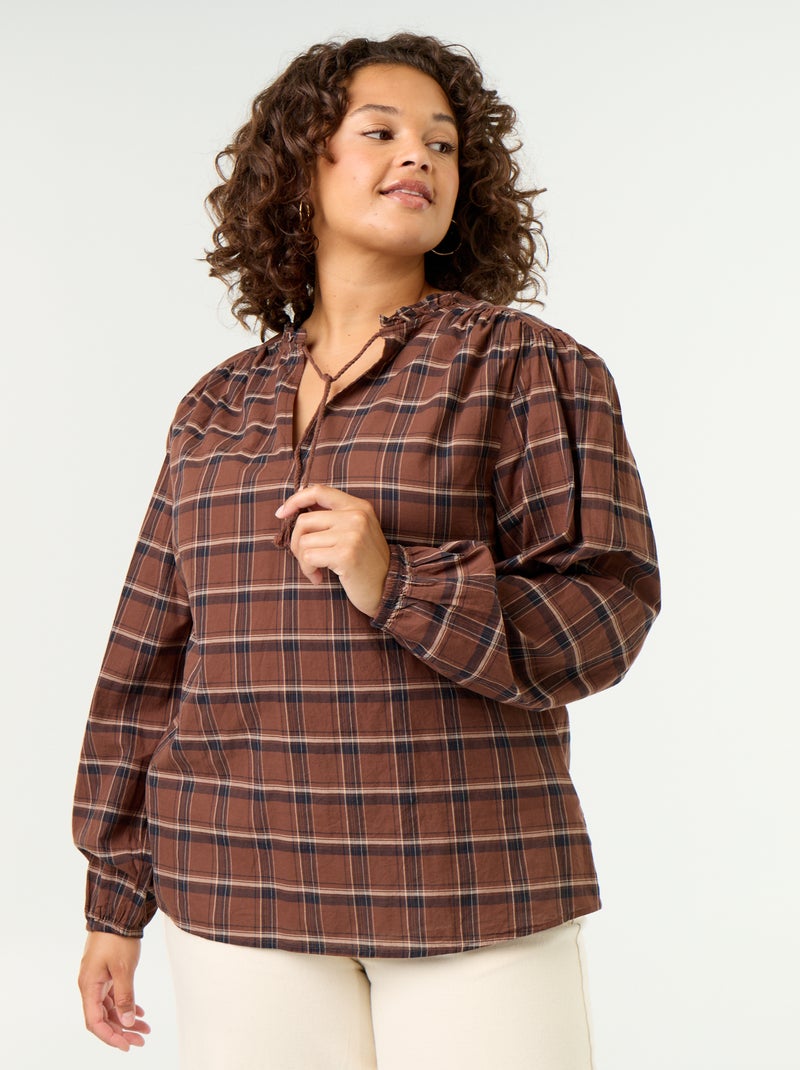Blusa de cuadros con escote anudado Marron - Kiabi