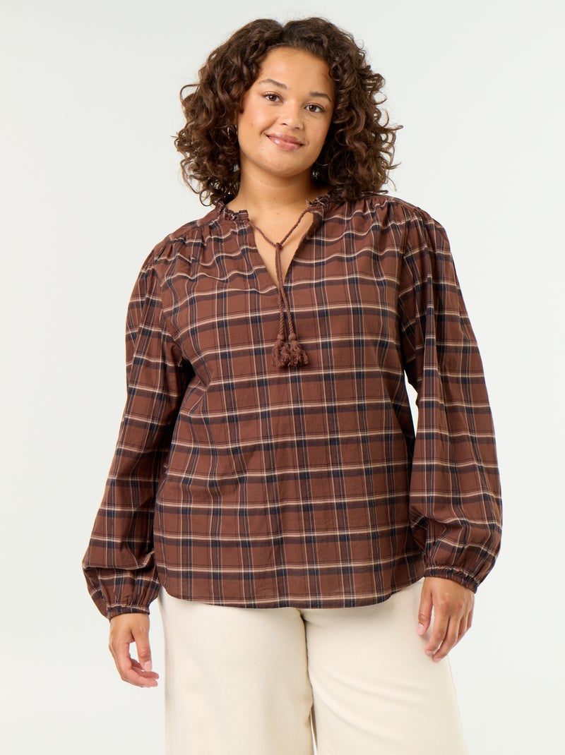 Blusa de cuadros con escote anudado Marron - Kiabi
